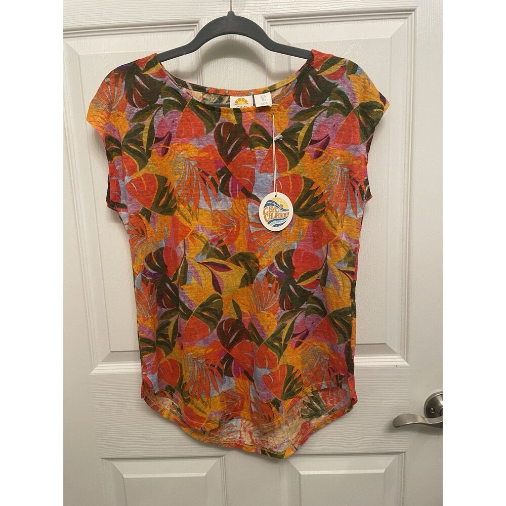 C&C California Women’s Small 100% Linen Tropical Floral Top NWT